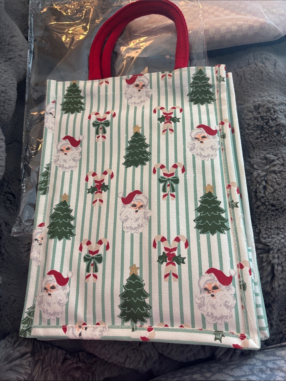 Festive Santa & Tree Holiday Tote Bag - Red Handles
